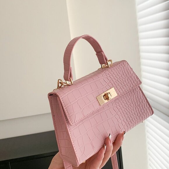 Pink Elegant Women's Mini Crocodile Embossed Twist Lock Flap Square Handbag - Picture 2 of 8